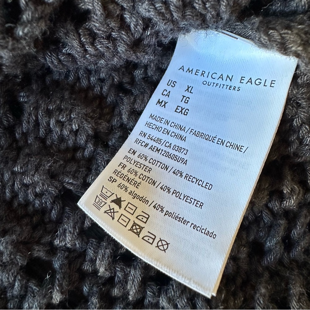 American Eagle Bell Sleeve Open Knit Ballet Neck Black Crochet Sweater, XL - Picture 8 of 10